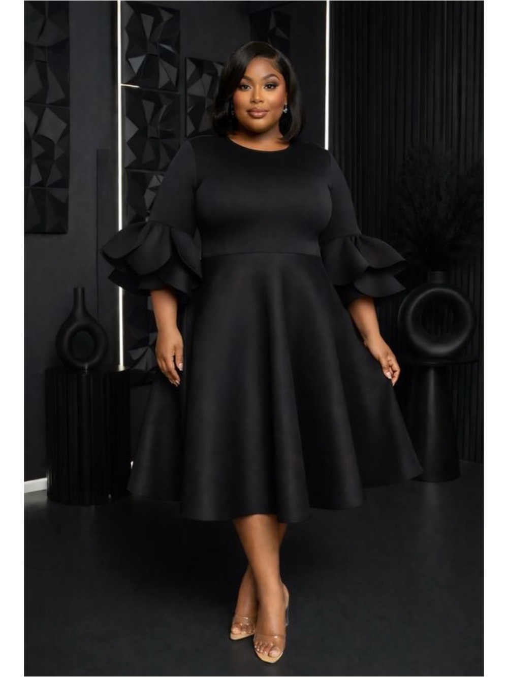 Elegant Black Fit-and-Flare Midi Dress with Tiered Bell Sleeves